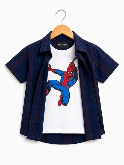 Red & Black Checked [Spider Man ] Printed Layered Casual Shirt 256