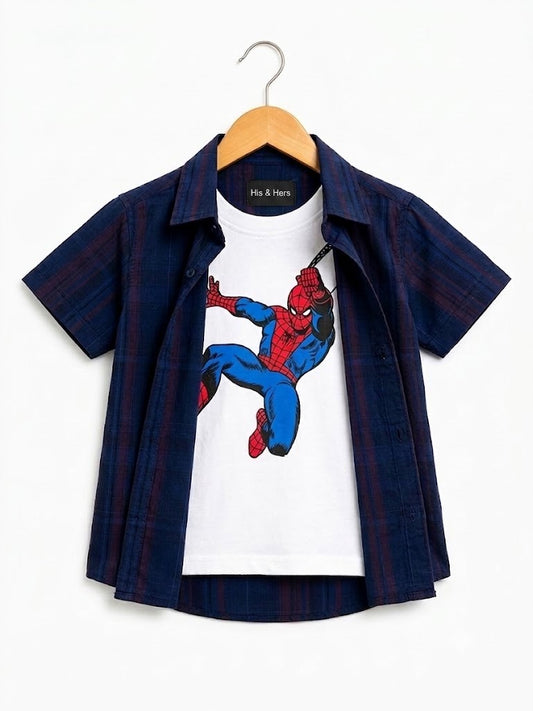 Red & Black Checked [Spider Man ] Printed Layered Casual Shirt 256