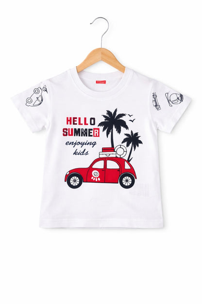 Red & Black [Hello Summer ]Printed White Boys T-Shirt 250