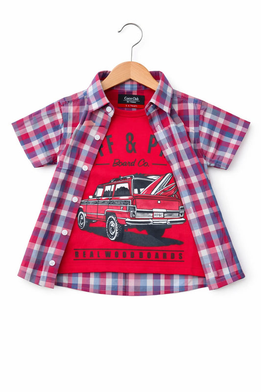 Red  Blue Checked Car Printed  Layered Casual Shirt 221