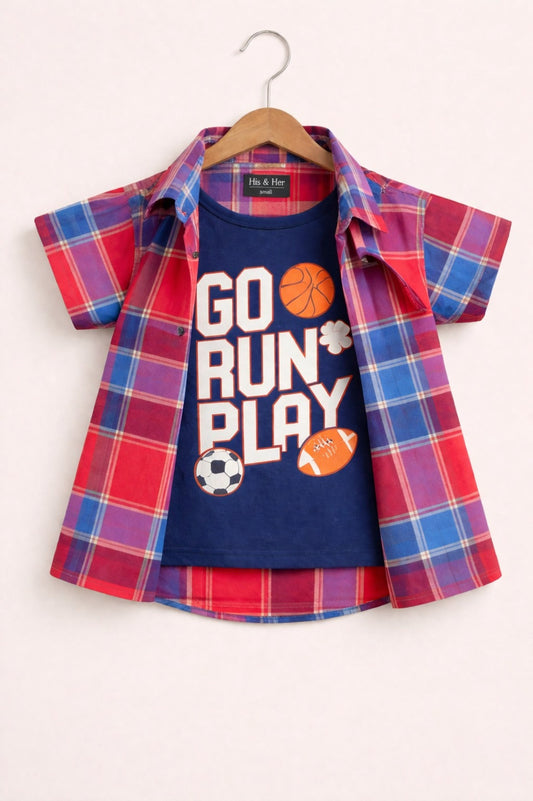Red & Blue Checked [Go Run Play ]  printed  Layered Casual Shirt 220