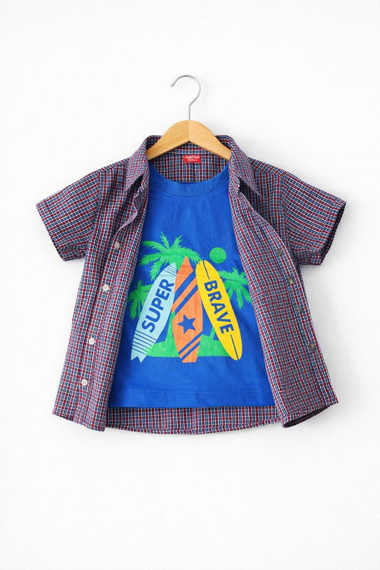 Red Blue Checked Super Brave Printed  Layered Casual Shirt 219