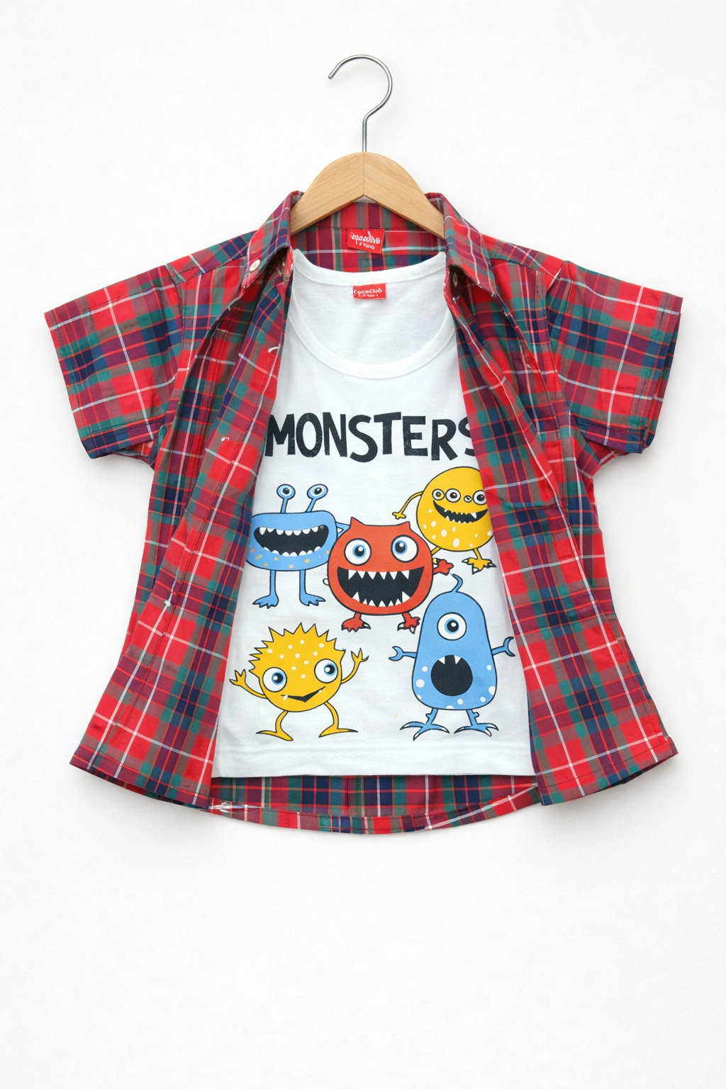 Red Check Monsters Printed Layered Casual Shirt 207