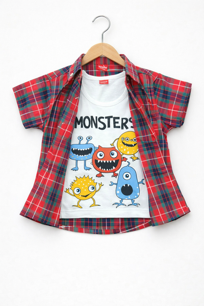 Red Check Monsters Printed Layered Casual Shirt 207