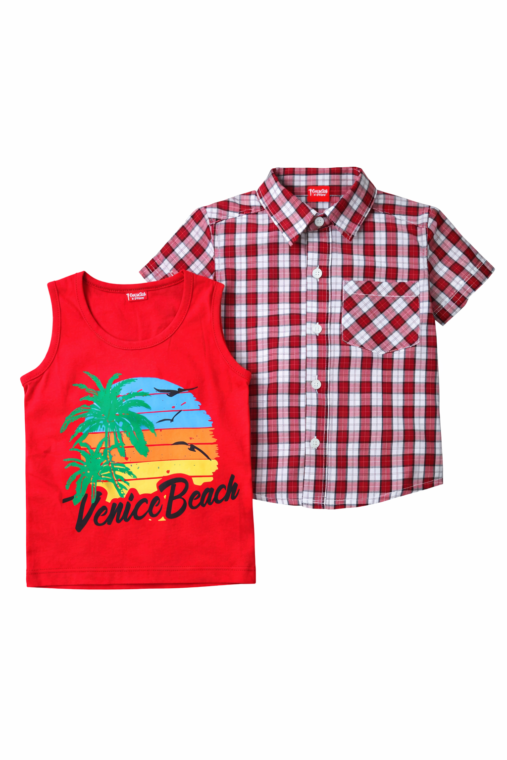 Red Check Shirt with Beach Print Inner 501