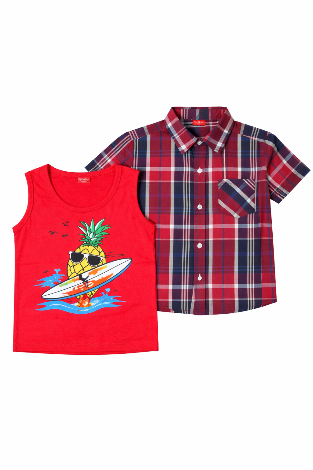 Boys red check shirt and red sleeveless surf print set in Pakistan.
