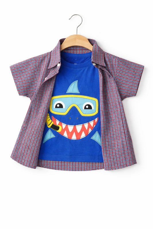 Red  Checked Blue Dolphin Face Printed Layered Casual Shirt 286