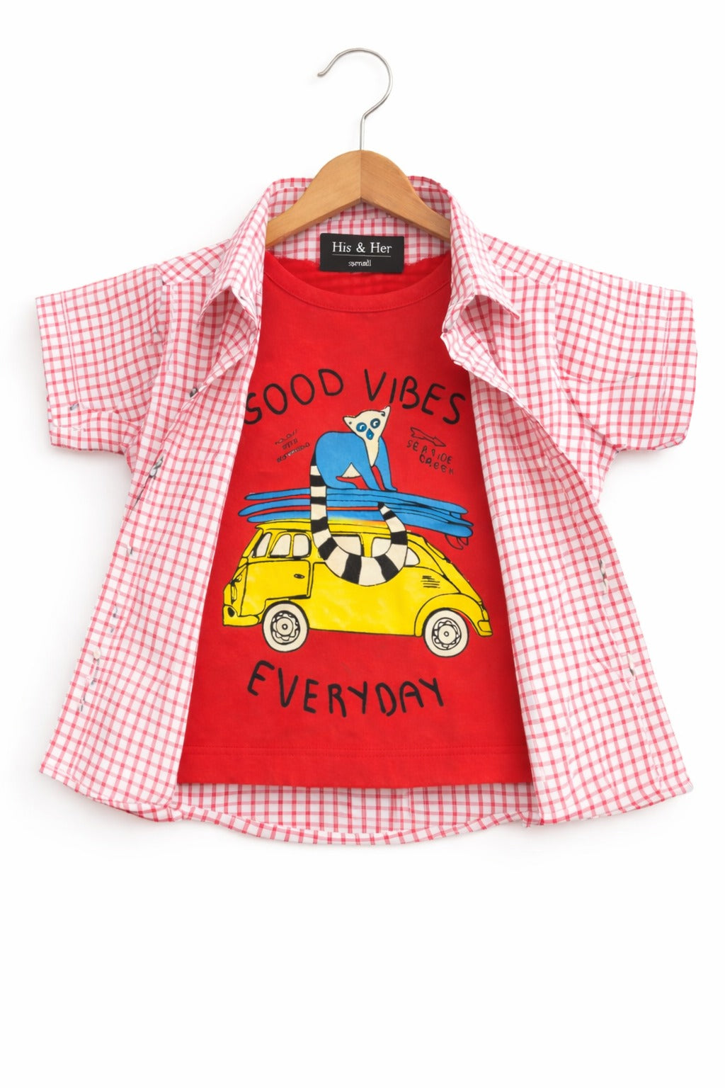 Red Checked [Good Vibes ] Printed Layered Casual Shirt 256