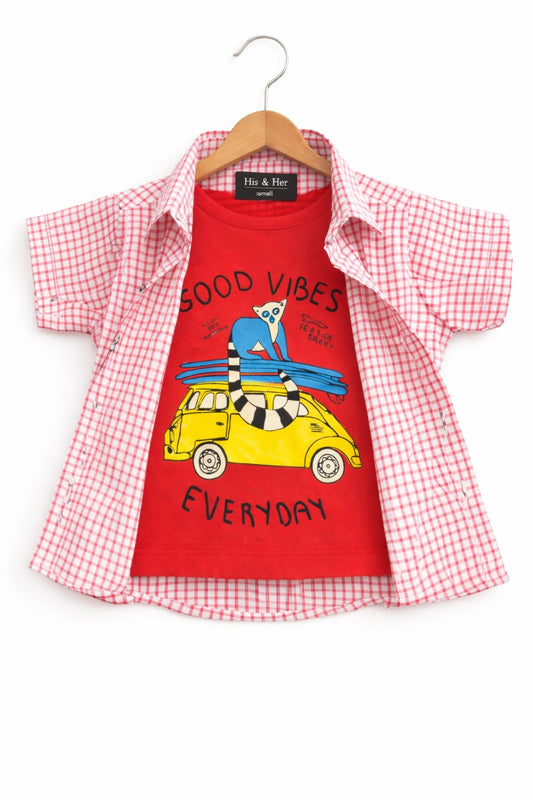 Red Checked [Good Vibes ] Printed Layered Casual Shirt 256