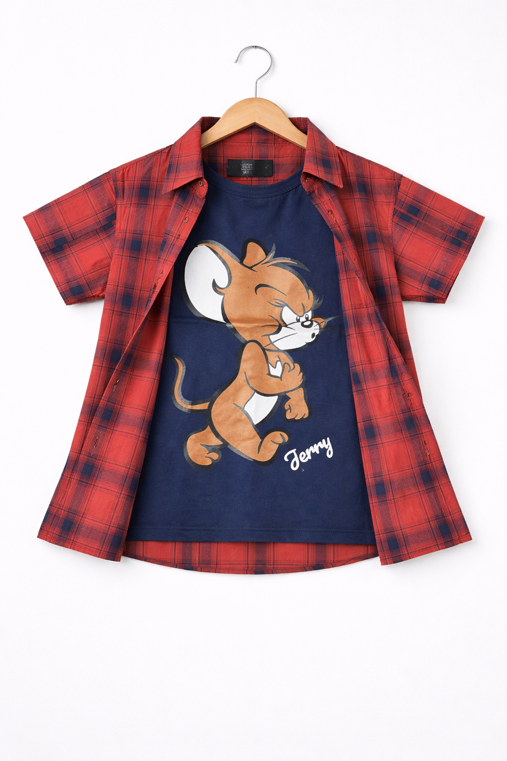 Red Checked Jerry Printed Boys Layered Casual T-shirt 286