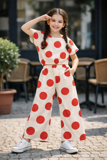 Teen girls skin cotton co-ord set with red polka dot print, short sleeve top and wide-leg trousers, Pakistan Outfits