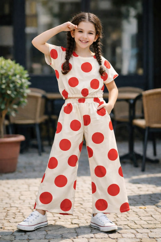 Teen girls skin cotton co-ord set with red polka dot print, short sleeve top and wide-leg trousers, Pakistan Outfits
