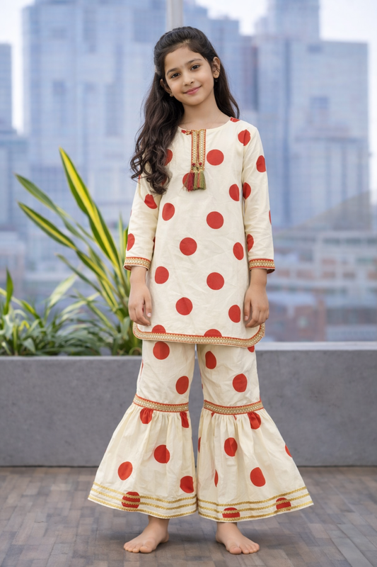 Girls beige cotton kurti gharara set with red polka dots, Pakistani outfit