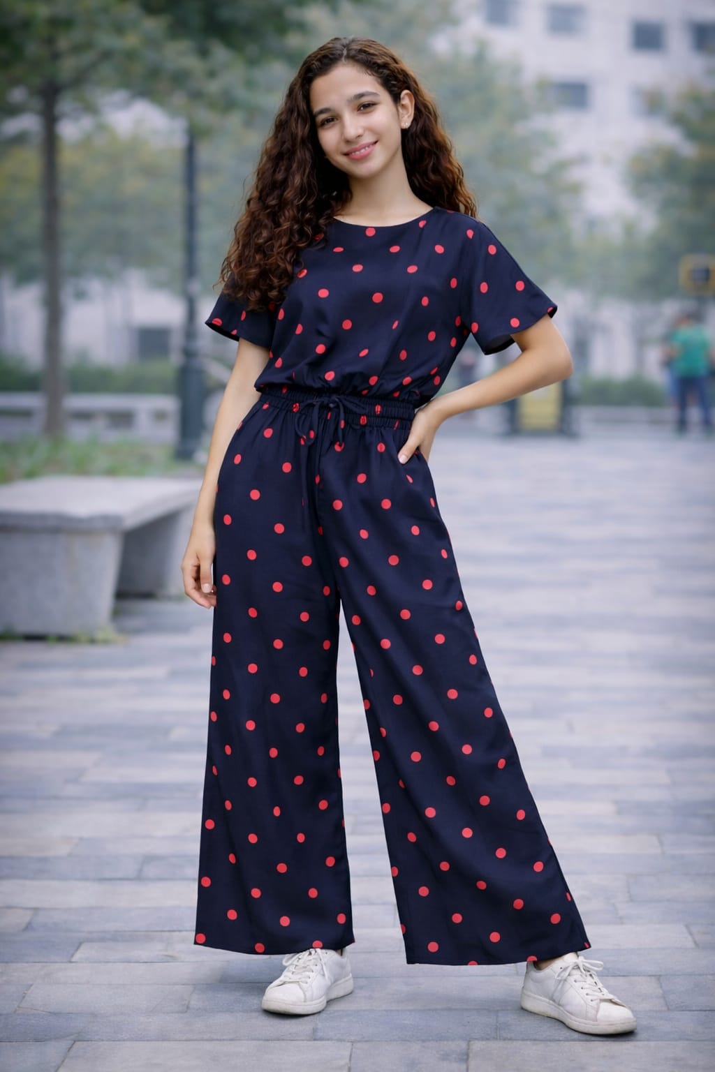 Navy blue cotton girls co-ord set with red polka dot print, short sleeve top and wide-leg pants, casual outdoor street style Pakistan
