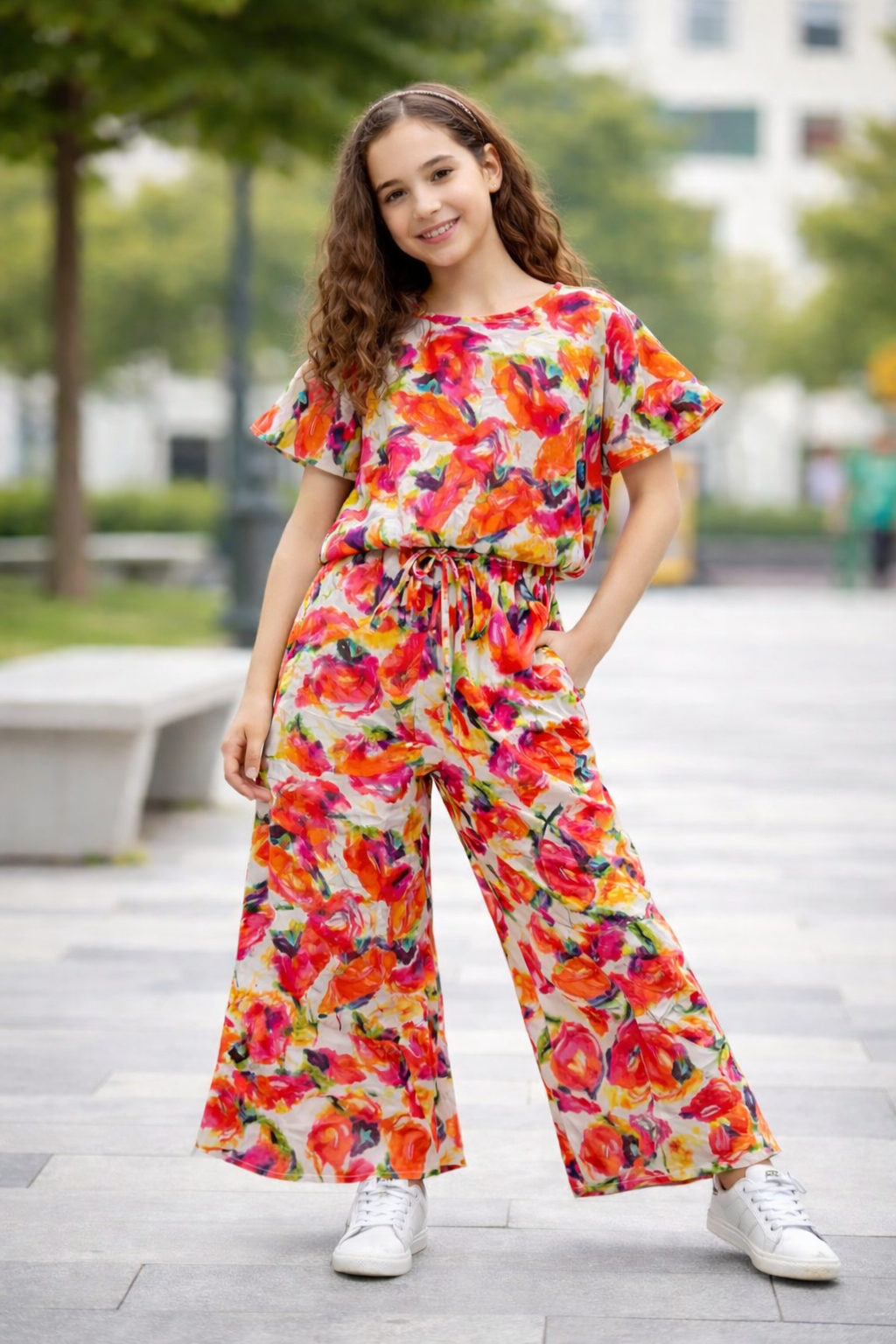 Red Floral Abstract Print Cotton Girls Co-Ord Set 519