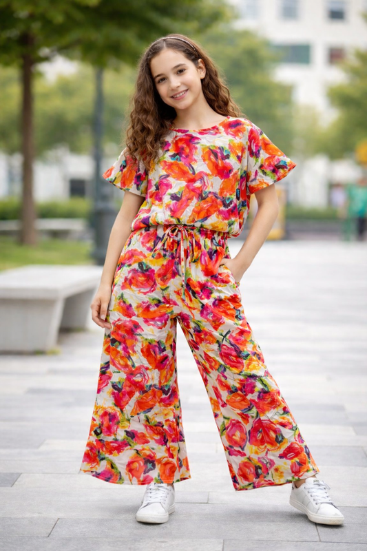 Red Floral Abstract Print Cotton Girls Co-Ord Set 519