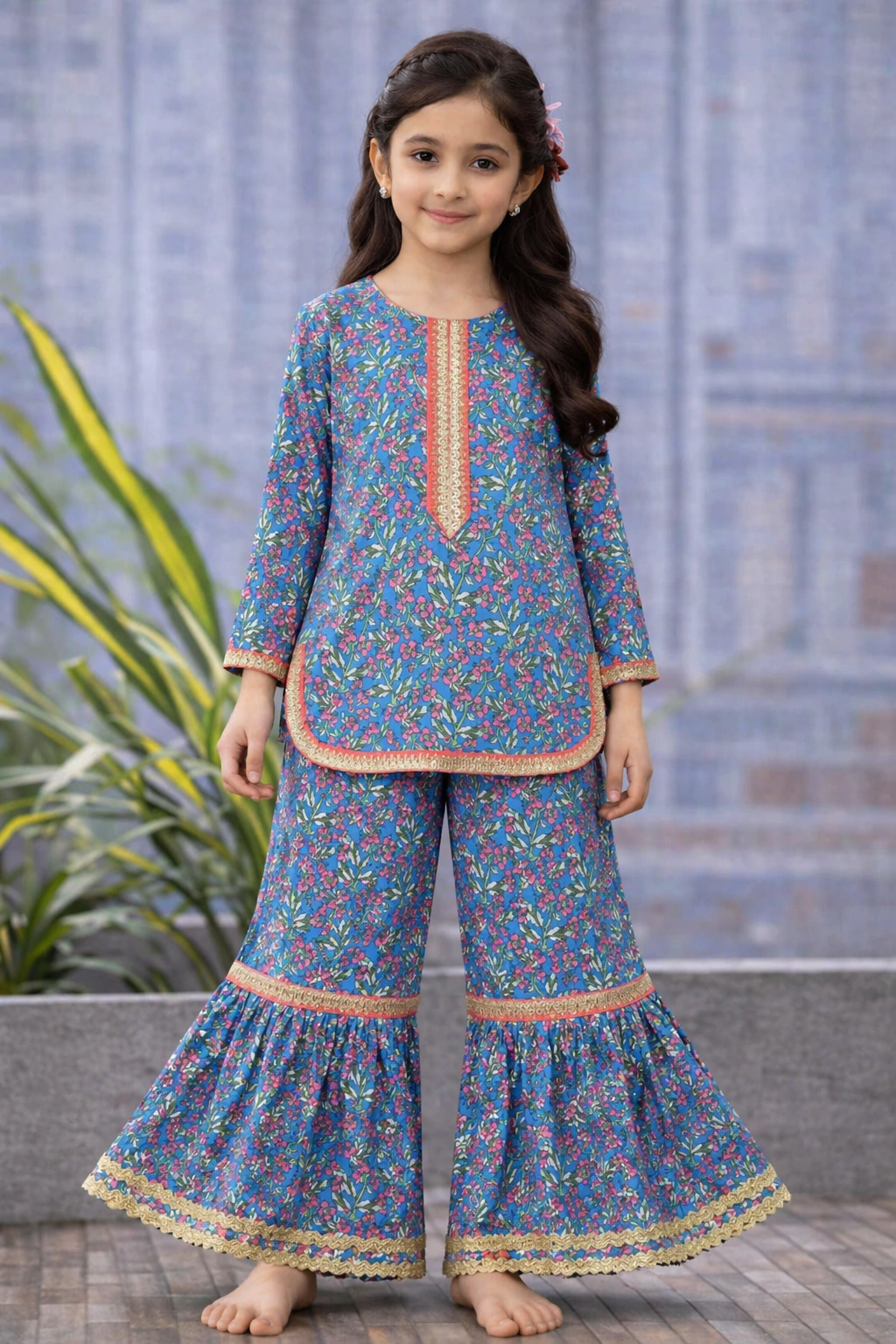 Girls blue cotton floral kurti gharara set with red accents, Pakistani outfit