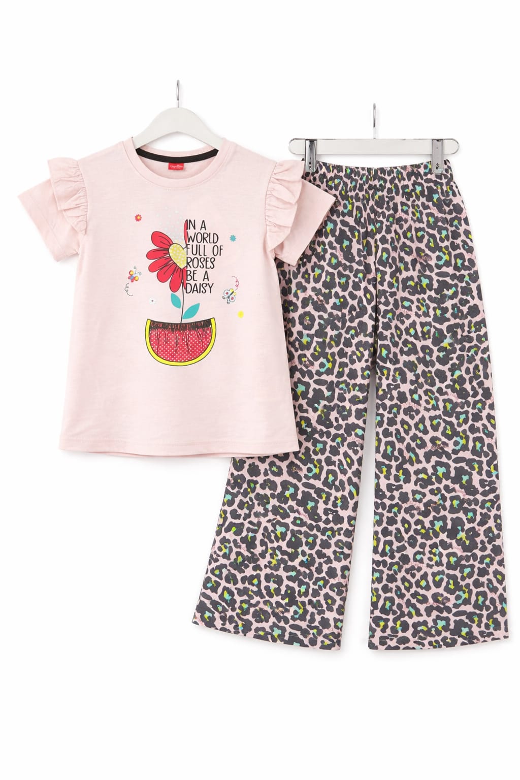 Girls pink printed t-shirt with leopard print wide-leg trousers co-ord set for  Pakistan kids
