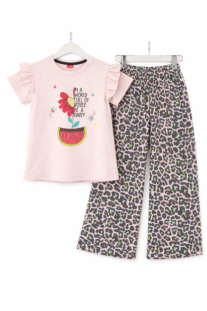 Girls pink printed t-shirt with leopard print wide-leg trousers co-ord set for  Pakistan kids
