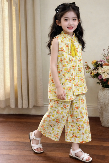 Yellow floral girls co-ord set with sleeveless printed top and matching wide-leg pants,  Pakistan
