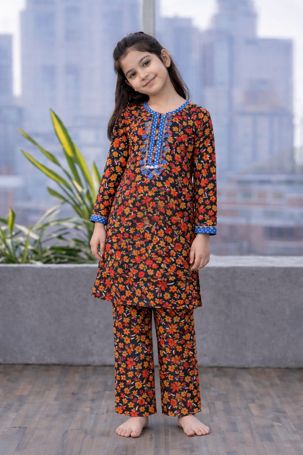 Black floral printed cotton 2-piece outfits for girls with blue embroidered neckline kurti and straight pants, Pakistan
