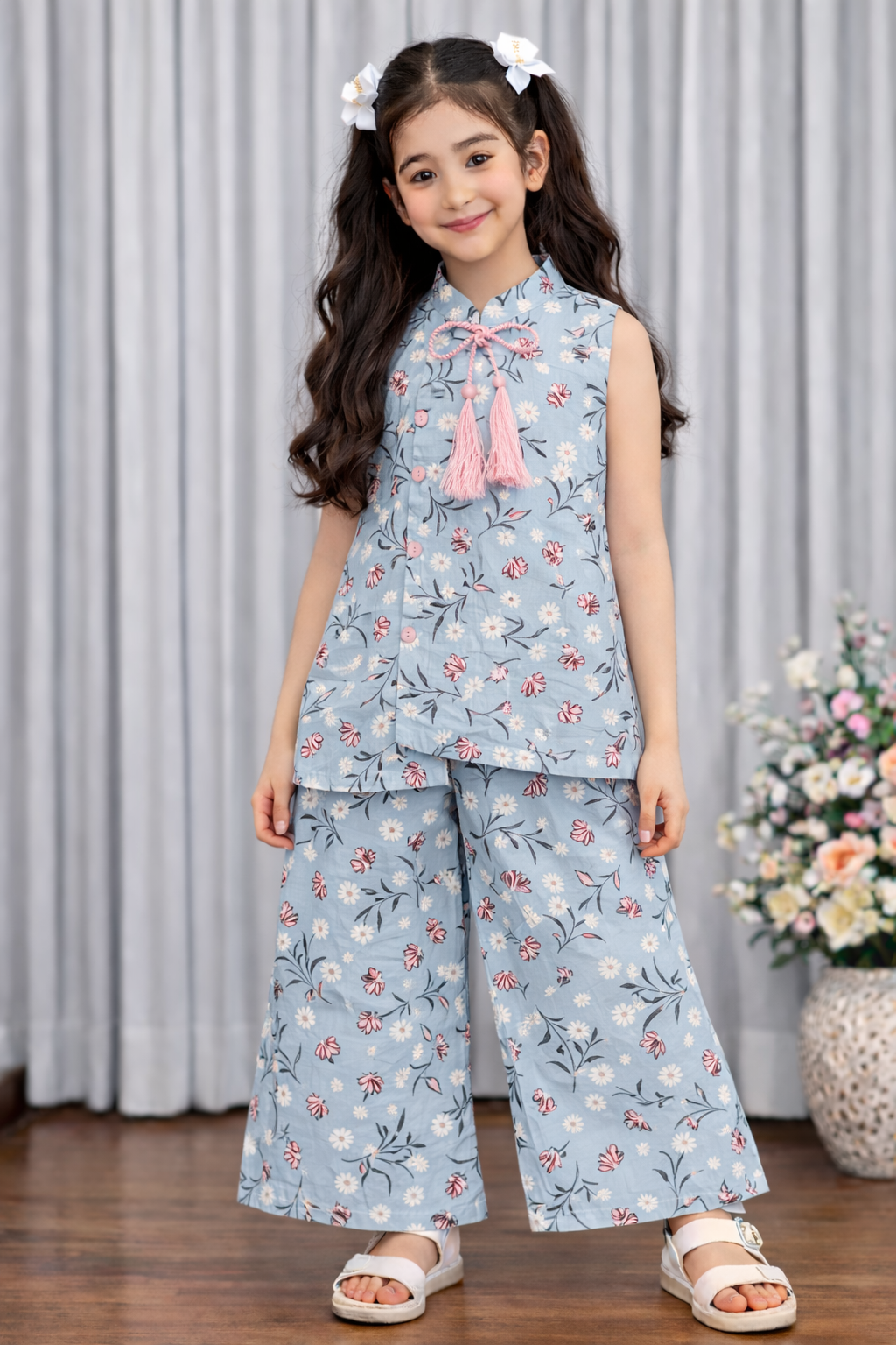Girls light blue floral cotton lawn kurti with pants kids outfit Pakistan