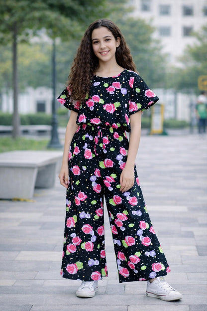 Teen girls black cotton co-ord set with pink floral and white dotted print, short sleeve top and wide-leg trousers, Pakistan Outfits