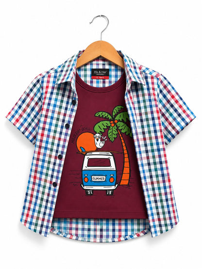Red & Light Blue Checked [Sun Set & Van  ] Printed Layered Casual Shirt 515