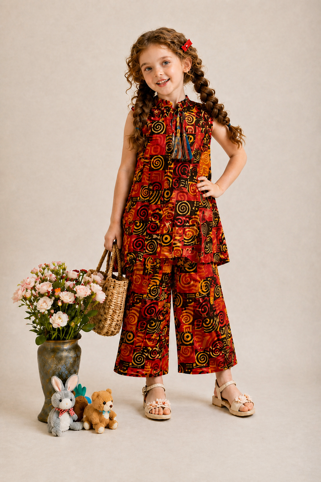 Red and black abstract print girls’ co-Ord set with sleeveless tassel top and wide-leg pants, stylish summer outfit for kids in Pakistan.
