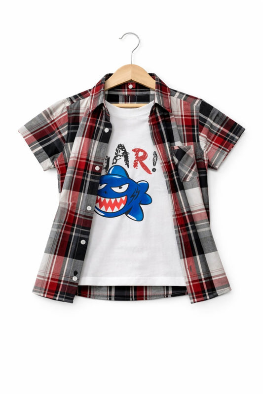 Red&&White& Black Checked Shark Layered Casual Shirt 256