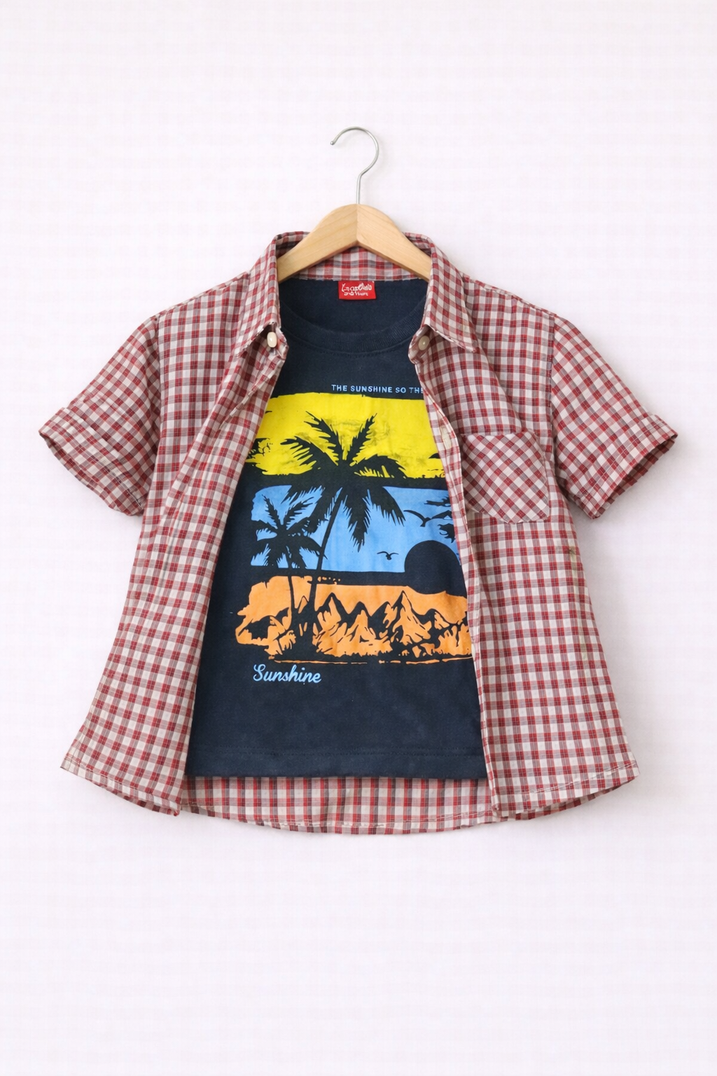 Red & White Checked [ Sunset ] Layered Casual Shirt Boys 256