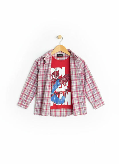 Red white checked Spider men Layered Casual Shirt 302