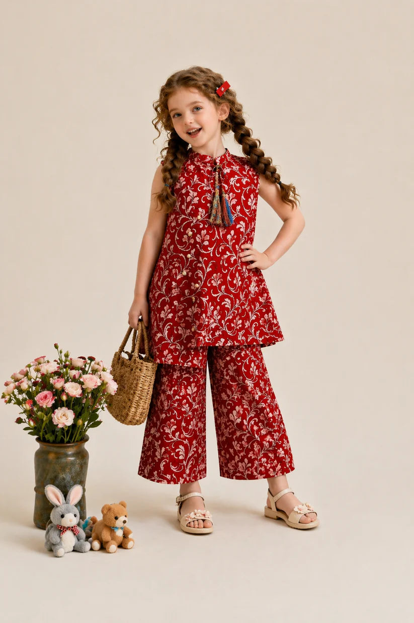 Girls red floral cotton lawn kurti with pants kids outfit Pakistan