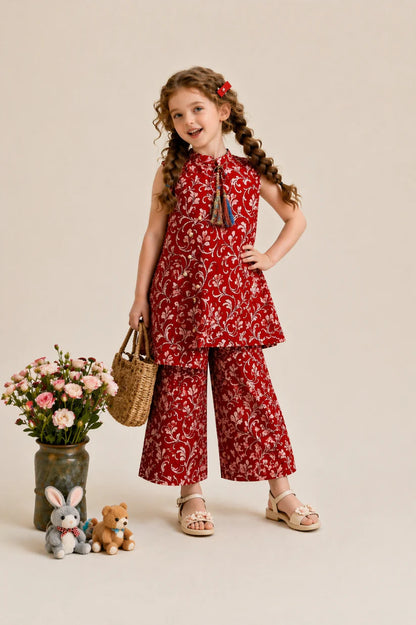 Girls red floral cotton lawn kurti with pants kids outfit Pakistan