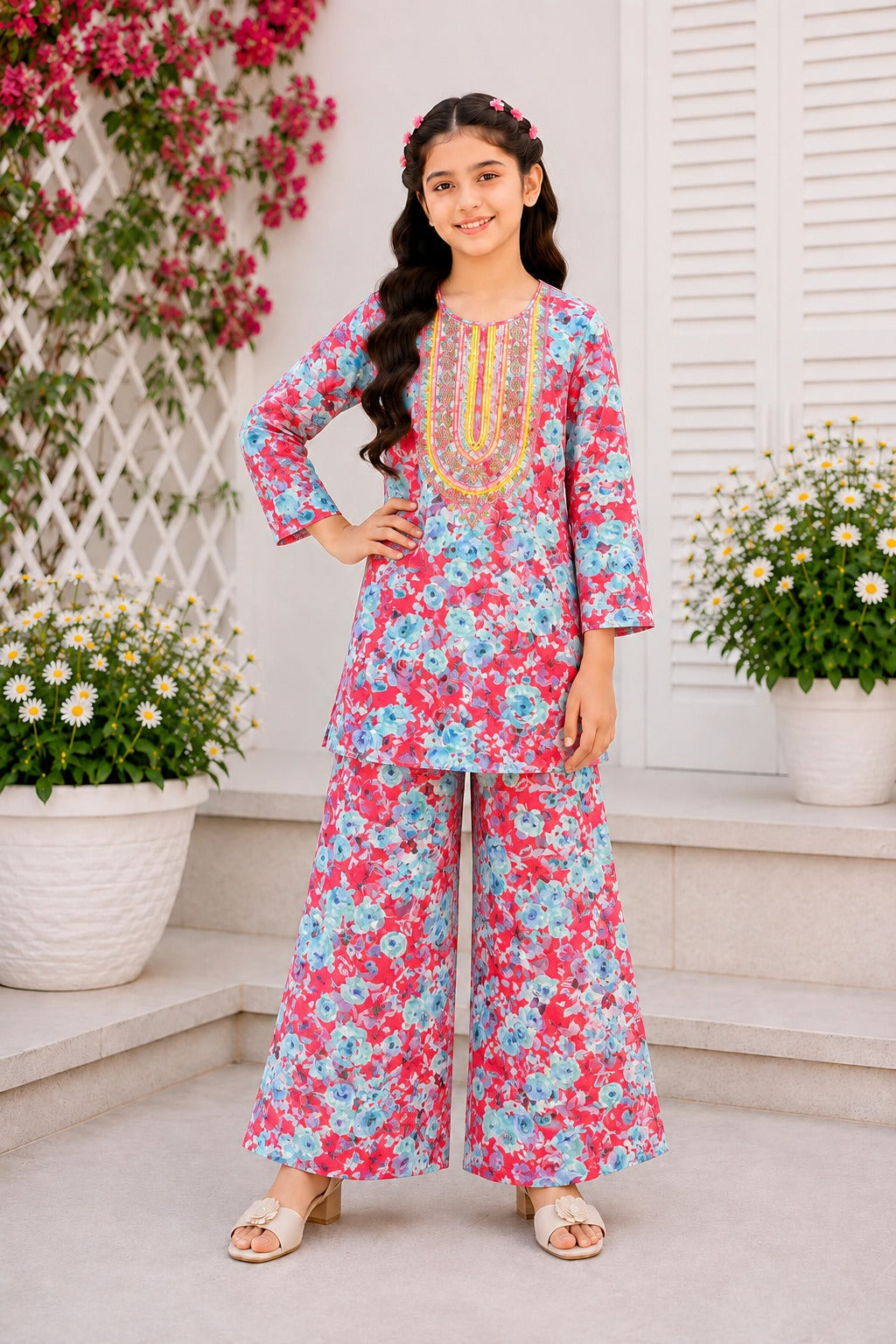 Rose Bloom Neckline  Embroidered  Red & Blue Girls’ Soft Lawn Suit