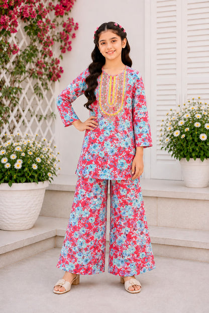 Rose Bloom Neckline  Embroidered  Red & Blue Girls’ Soft Lawn Suit