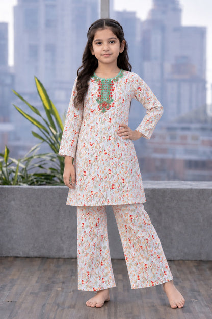 Rose Bloom Neckline  Embroidered  Red & White  Girls’ Soft Lawn Suit