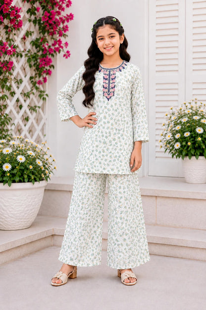 Rose Bloom Neckline  Embroidered  White  Girls’ Soft Lawn Suit