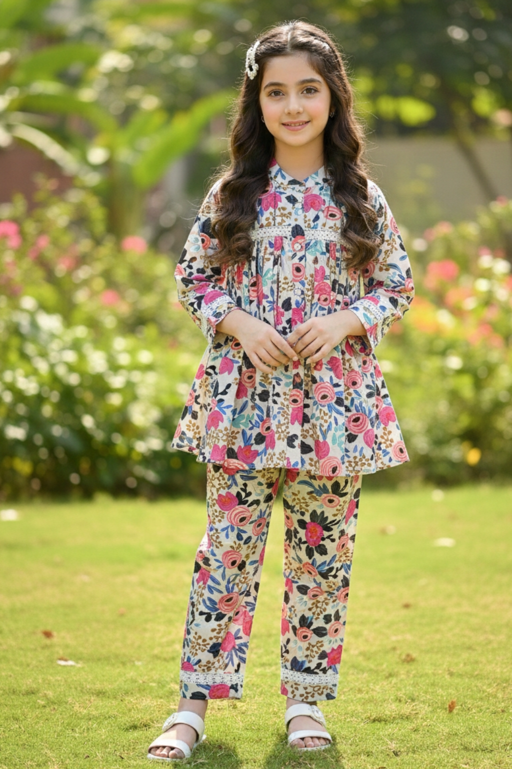 Multicolor floral printed cotton 2-piece outfit for girls with peplum kurti and straight pants, garden setting Pakistan
