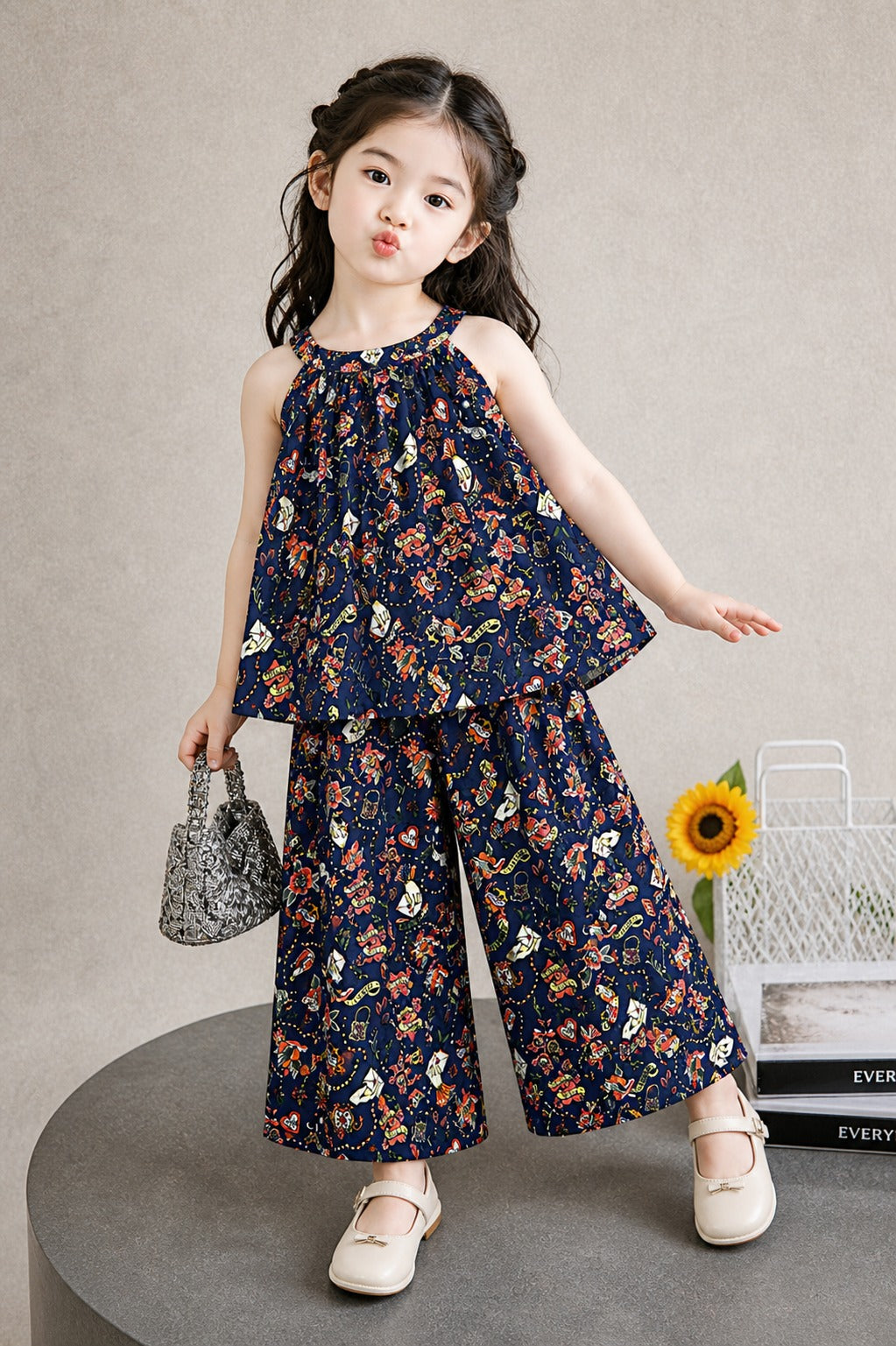 Girls navy blue printed sleeveless co-ord set with colorful abstract pattern, flowy top and wide-leg pants, trendy summer Pakistan  kids outfit