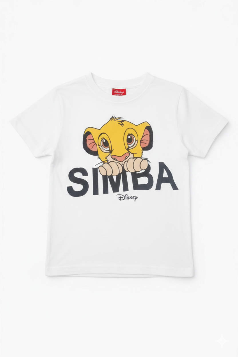 White kids' cotton T-shirt with Simba graphic print, soft breathable fabric for everyday wear in Pakistan.