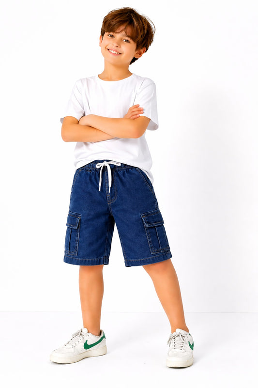 6 Pocket Cargo Denim  Boys Shorts -Dark  Blue  Color 268