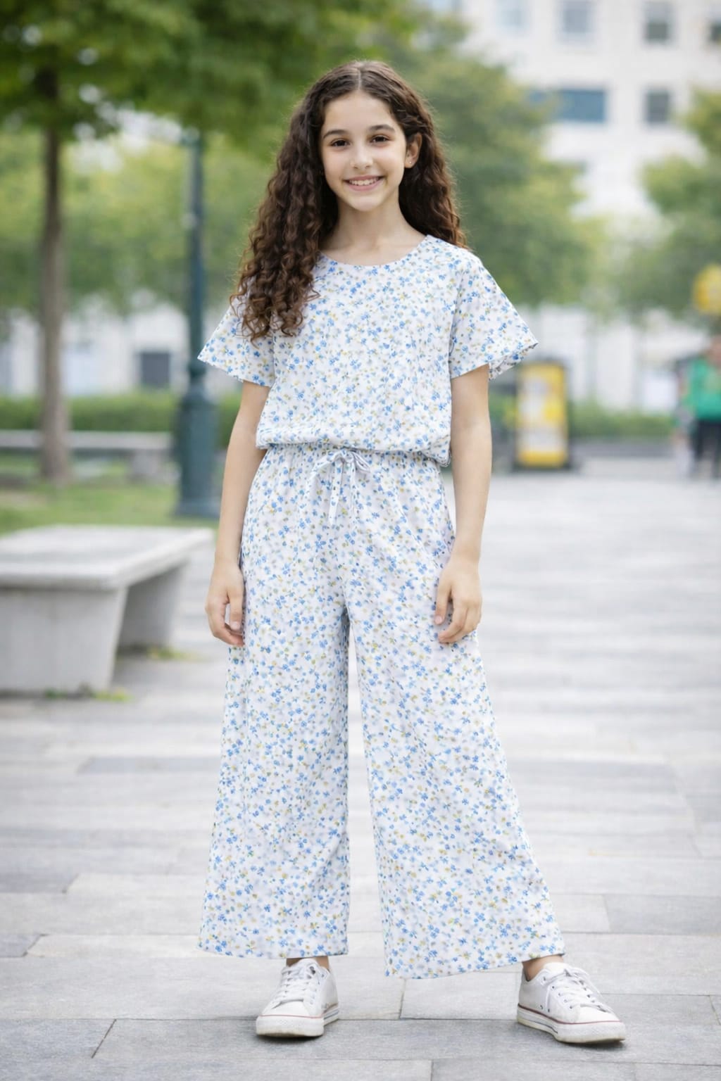 Girls light blue floral cotton co-ord set with short sleeve top and wide-leg pants,kids outfit Pakistan.