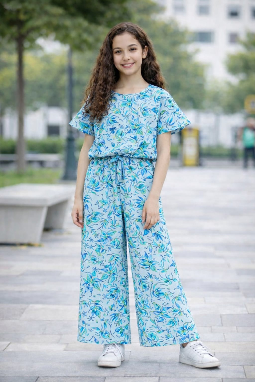 Girls sky blue floral cotton co-ord set with pants kids outfit Pakistan