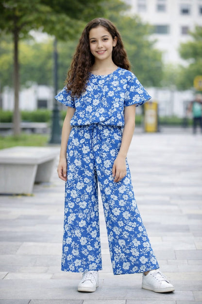 Teen girls sky blue cotton co-ord set with white floral print, short sleeve top and wide-leg trousers, Pakistan Outfit

