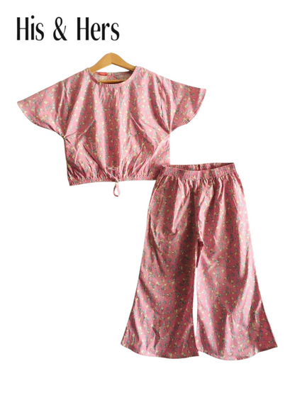 Small Flowers Allover Print Pink Cotton Girls Co-Ord Set 232