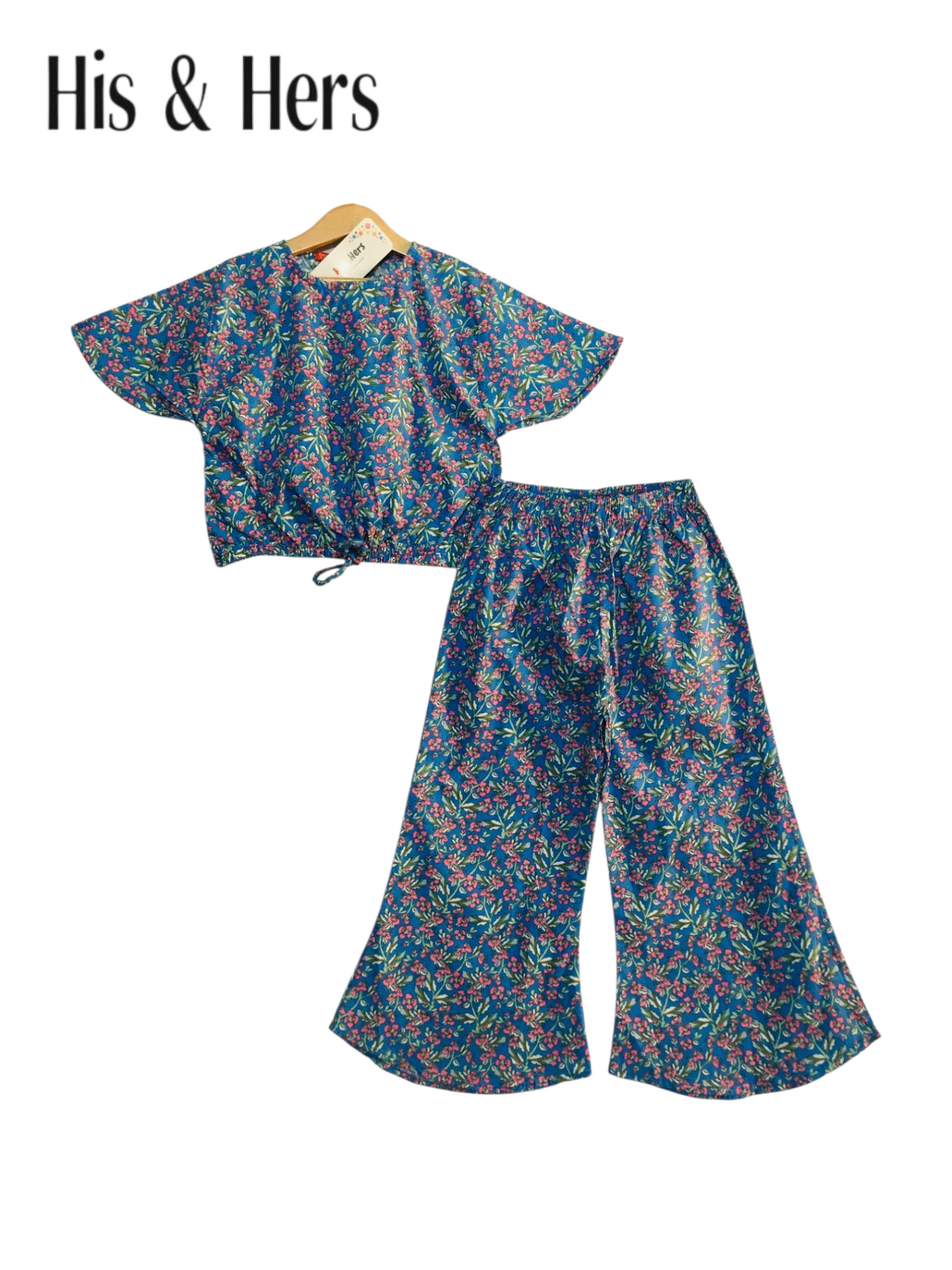 Small Pink Flowers Allover Print Blue Cotton Girls Co-Ord Set 244