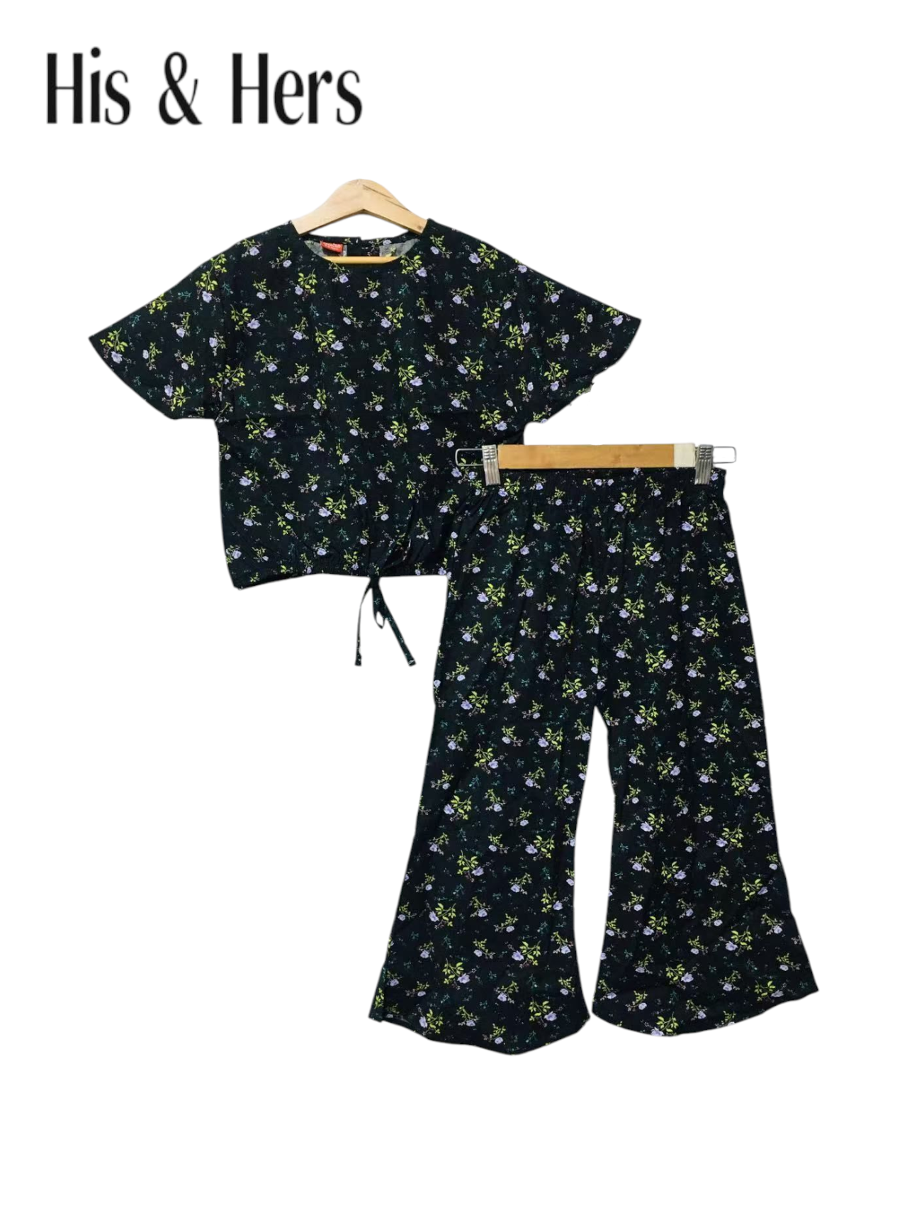 Small Purple Flowers Black Cotton Girls Co-Ord Set 221