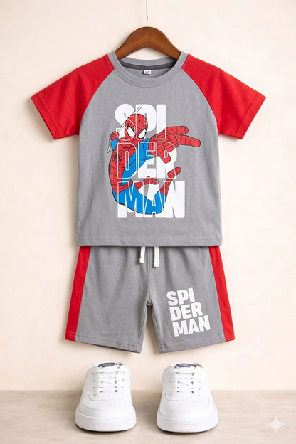 [Spiderman] Printed  Red & Grey  T-Shirt Nicker Suit 416