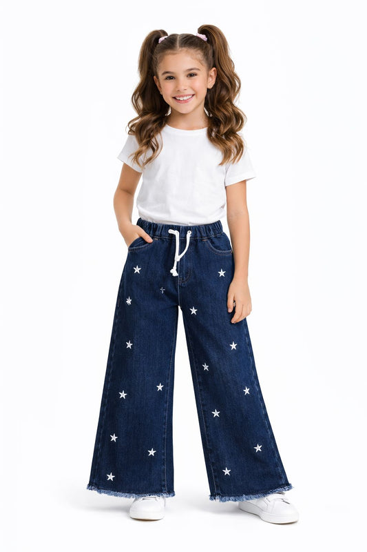 Starry Flare Girls' Jeans with Embroidered Stars - Dark Blue 235+241